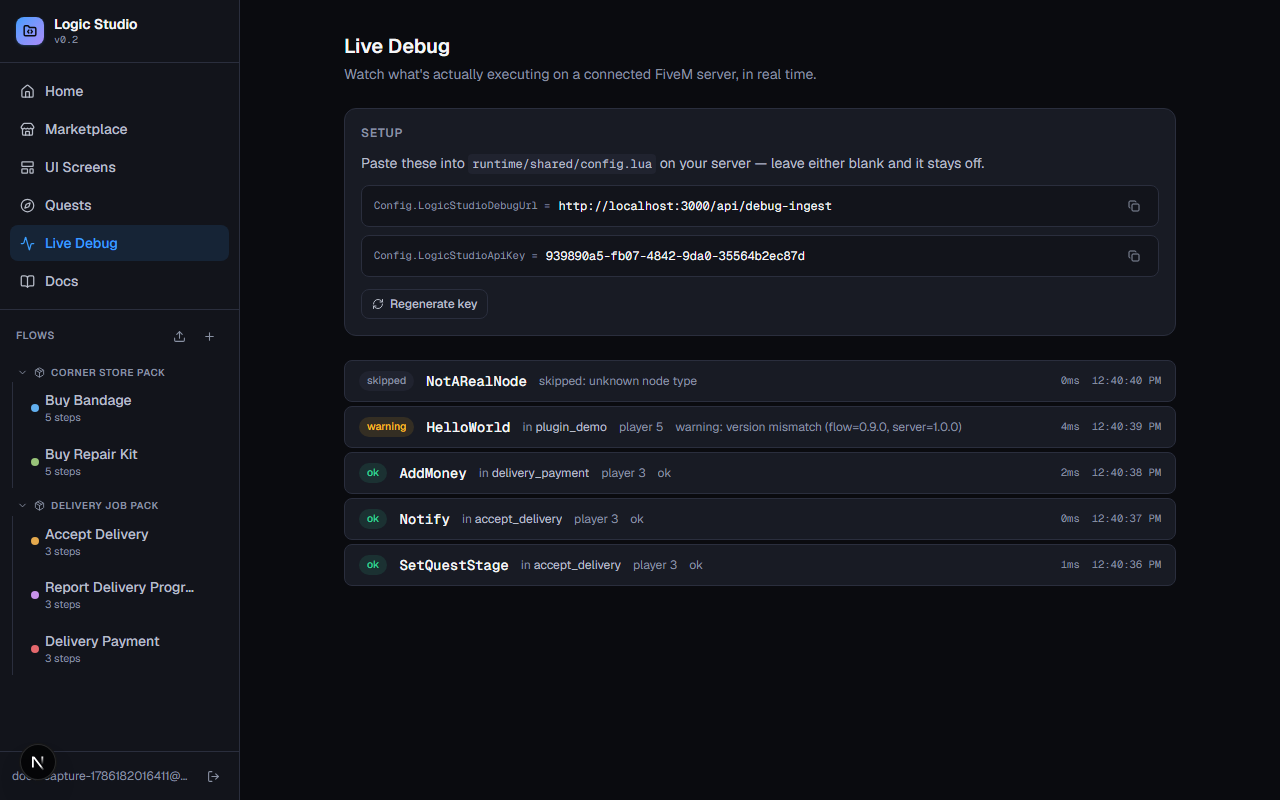 The Live Debug page showing a live feed of executing nodes