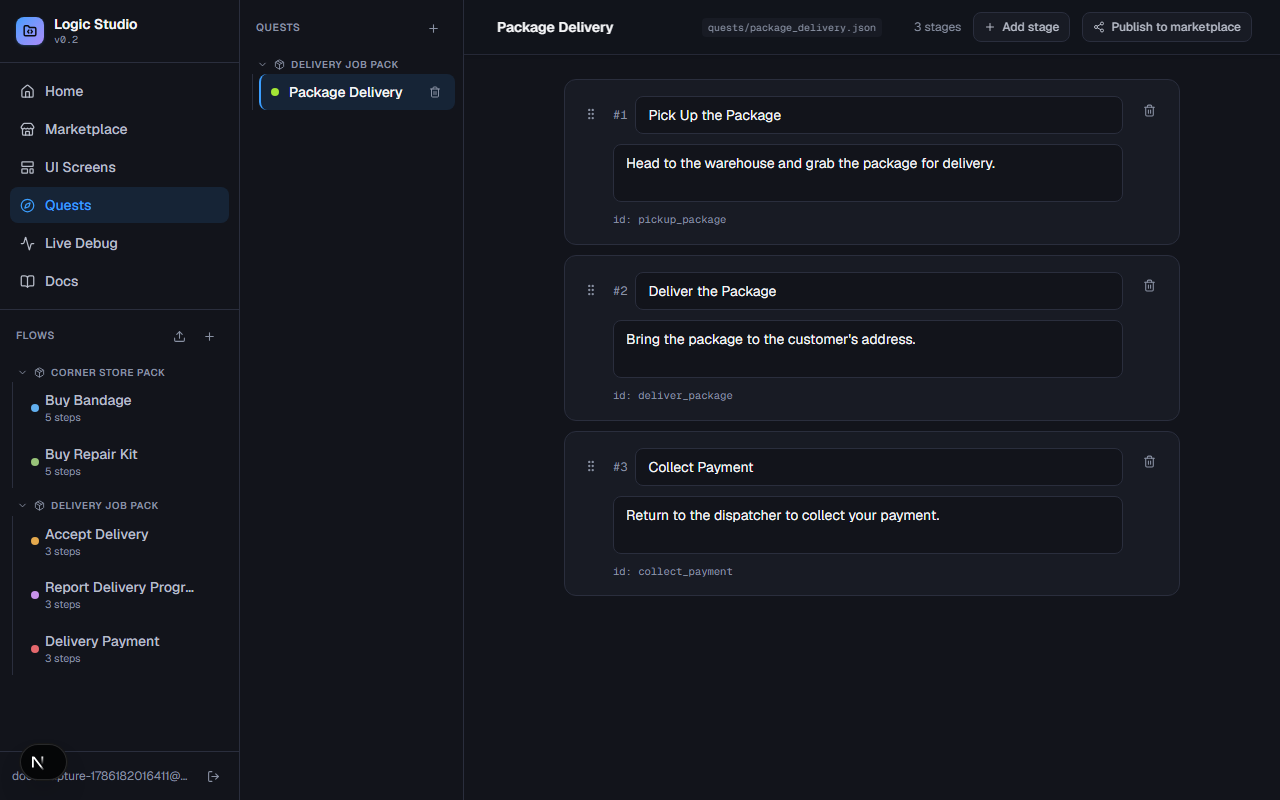 The Quest Builder showing an ordered list of stages